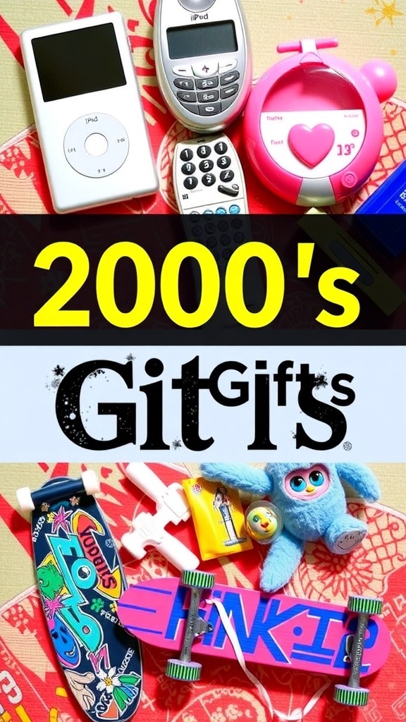 Collage of 2000s Christmas gifts including iPod, Tamagotchi, and skateboard.